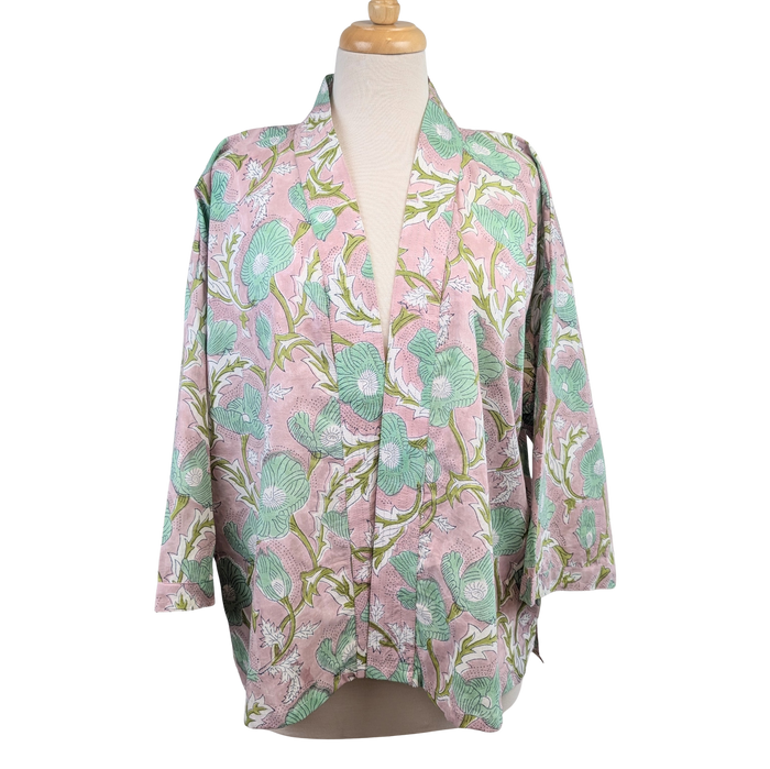 Lilac & Green Floral Cotton Kimono Jacket Indian Block Print - Precious Sparkle