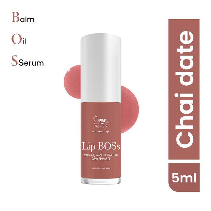 Lip serum bottle with 'Chai date' label and product details on a white background