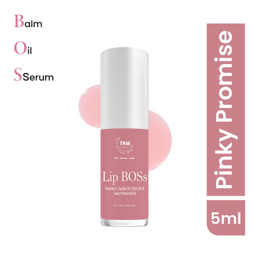 Lip serum bottle labeled 'Lip BOSS' with 'Pinky Promise' packaging on a white background