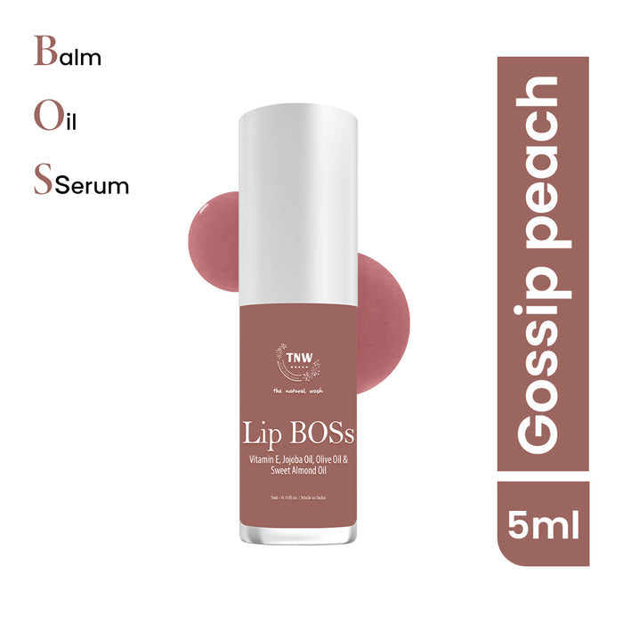 Lip serum bottle labeled 'Lip BOSS' with 'Gossip Peach' color swatch on a white background