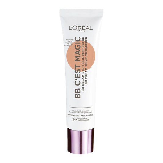 L'Oreal C'est Magic BB Cream 30ml 04 MEDIUM DARK seamlessly blending with skin, offering hydration for a glowing finish.