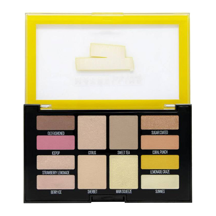 Opened Maybelline Lemonade Craze Palette with 12 blendable matte and shimmer shades in bold, citrus-inspired colours