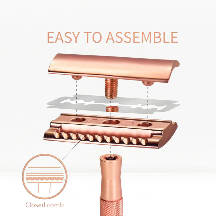 bambaw Rose gold safety razor with components on a white background