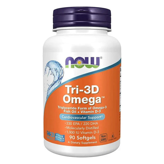 Now Tri-3D Omega 3 1000mg + 1000IU Vitamin D3 Fish Oil Supplement Softgels, Pack of 90's Now