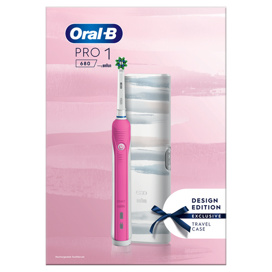 Oral-B Pro 1 680 pink electric toothbrush with travel case on pink background, "Design Edition Exclusive Travel Case"