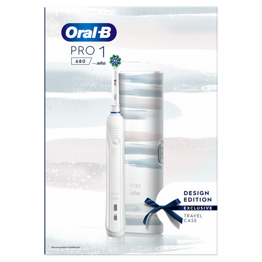 Oral-B Pro 1 680 white electric toothbrush with patterned travel case on white background, "Design Edition Exclusive Travel Case"