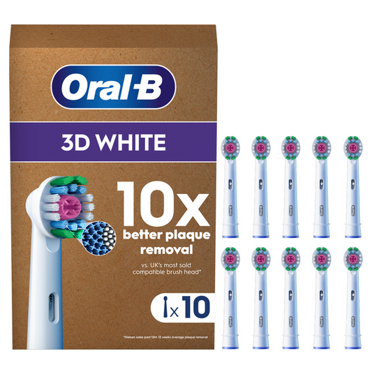 Oral-B Pro 3D White toothbrush heads pack of 10 on white background, brown box reading "10x better plaque removal"