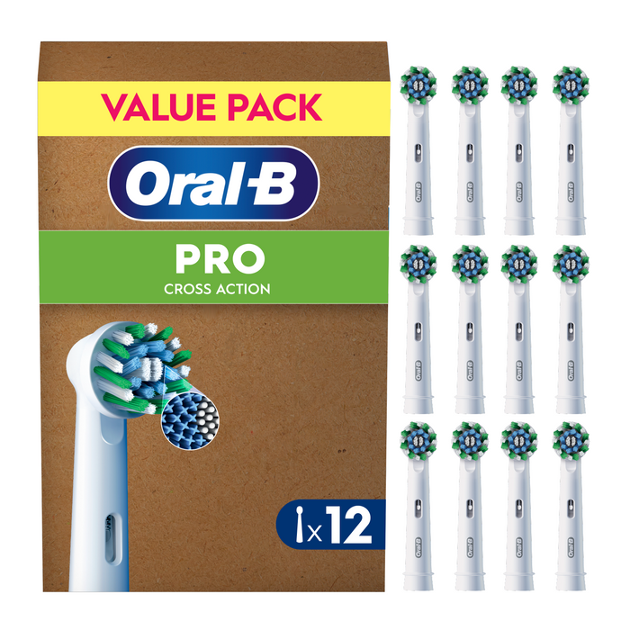 Oral-B Pro Cross Action toothbrush heads value pack of 12 shown beside brown cardboard box on white background