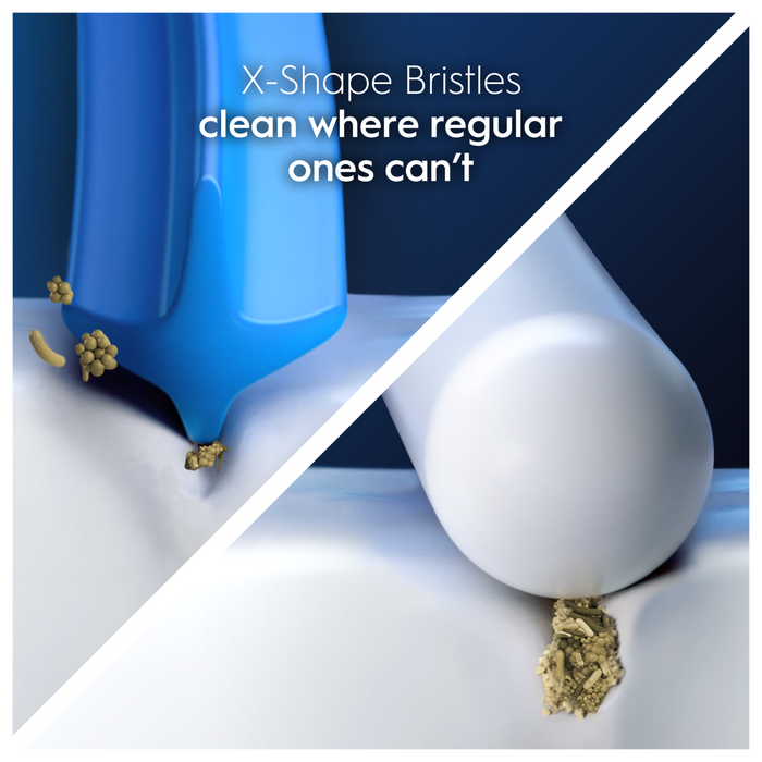 Oral-B Pro Cross Action toothbrush head bristles vs round head on white teeth, dark blue background. Text: "X-Shape Bristles clean where regular ones can't"