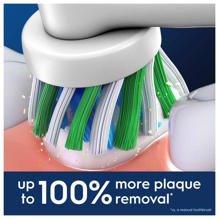 Oral-B Pro Cross Action toothbrush head close-up with green, blue, white bristles on pink surface, blue banner reads "up to 100% more plaque removal"