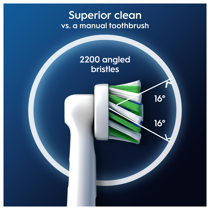 Oral-B Pro Cross Action toothbrush head on dark blue background showing green and white bristles angled at 16°, "2200 angled bristles"