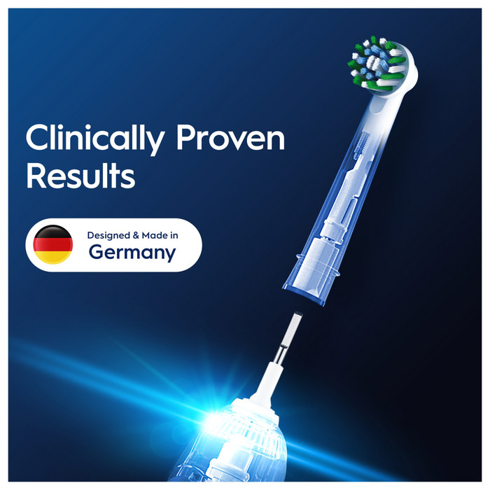 Oral-B Pro Cross Action toothbrush head on dark blue background, text reads "Clinically Proven Results" and "Designed & Made in Germany"
