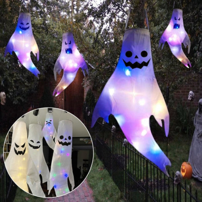 Outdoor Hanging Ghost Decor for Halloween: white, purple ghost, cartoon Halloween style