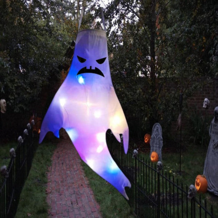 Outdoor Hanging Ghost Decor for Halloween: white, purple ghost, cartoon Halloween style
