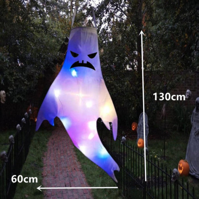Outdoor Hanging Ghost Decor for Halloween: white, purple ghost, cartoon Halloween style