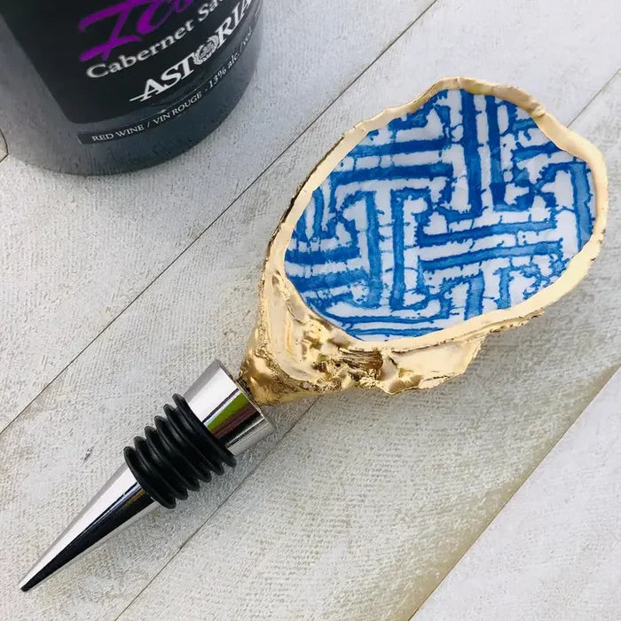 Oyster Shell Wine Stopper--Blue Trellis