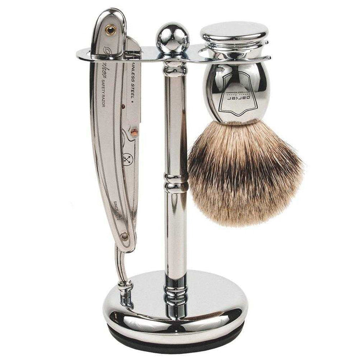 Polished chrome razor and brush holder for shaving