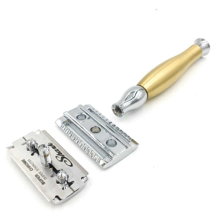 Disassembled safety razor with gold handle