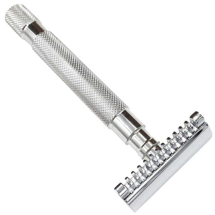 Stainless steel safety razor with open comb design