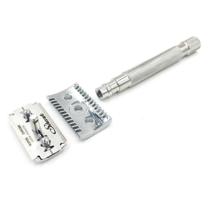 Disassembled safety razor with handle, base plate, and blade