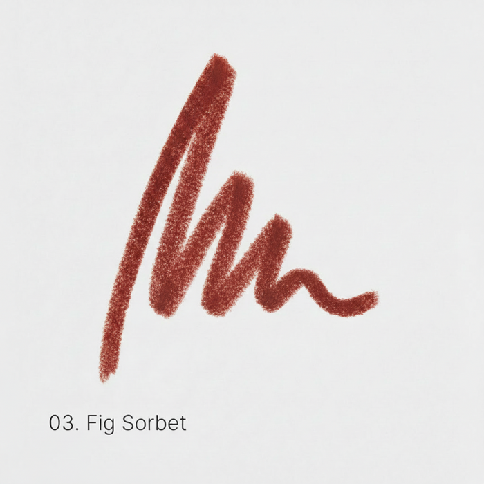 Coral-colored lipstick swatch labeled '03. Fig Sorbet' on a light gray background