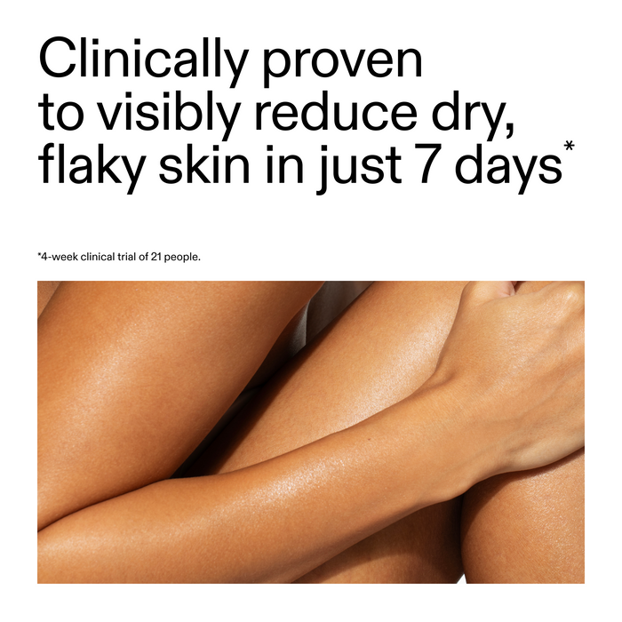 Advertisement for skin care product showing smooth legs with text claiming clinical proven results.