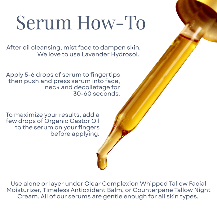 Serenity Clear Complexion Facial Serum how-to guide with dropper demonstrating application instructions for healthy skin.
