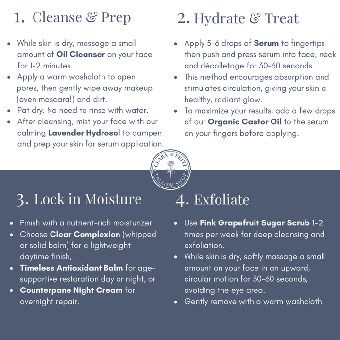 Step-by-step skincare routine guide with instructions on cleansing, hydrating, moisturizing, and exfoliating for a radiant complexion for use with: Lavender Hydrosol, Organic Castor Oil Timeless Serum and Antioxidant Balm Set, Daily Facial Trio from Clara & Fritz, Clear Complexion Solid Moisturizer, Timeless Antioxidant Balm,Radiance Instant Glow Facial Serum., Serenity Clear Complexion Facial Serum, Timeless Antioxidant Facial Serum, and Day & Night Face Moisturizer Duo, Tallow-Based Oil Cleans