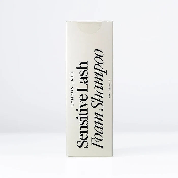 London Lash Sensitive Lash Foam Shampoo packaging in an elegant off-white rectangular box with minimalist black branding, displayed on a white background.
