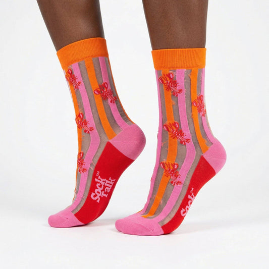 Sock Talk Lobster Stripes Cotton Sheer Socks Pink/Red - Precious Sparkle