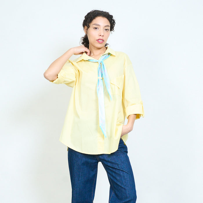 Solid cotton button down shirt with printed scarf detail wholesale