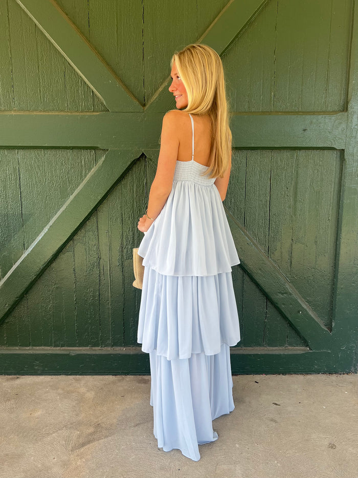 Soria Tiered Maxi Dress by NIA | Elegant Straight Neckline Occasion Dress