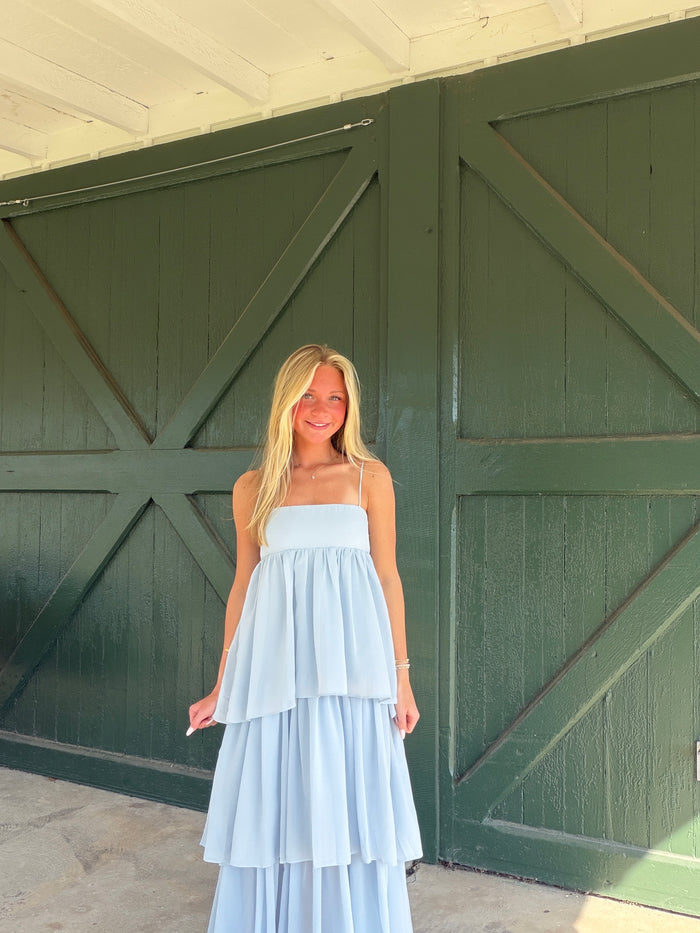 Soria Tiered Maxi Dress by NIA | Elegant Straight Neckline Occasion Dress