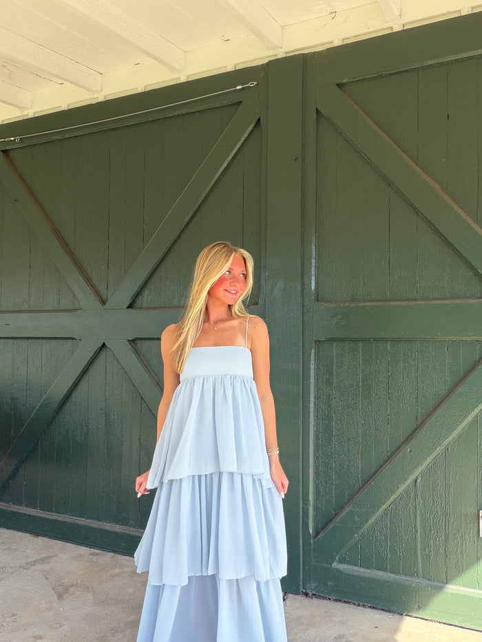 Soria Tiered Maxi Dress by NIA | Elegant Straight Neckline Occasion Dress