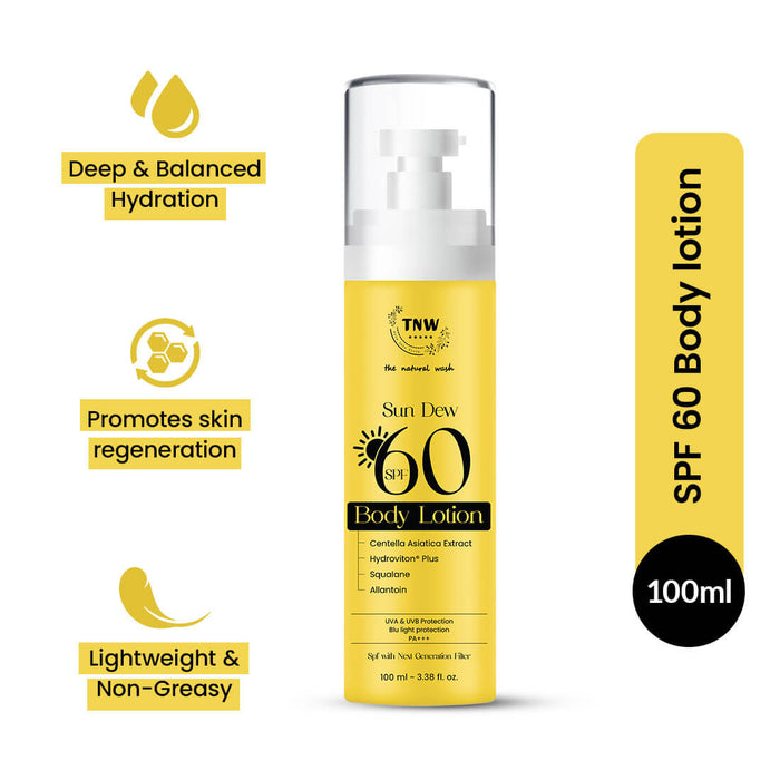 Sun Dew body lotion with SPF 60 on a white background