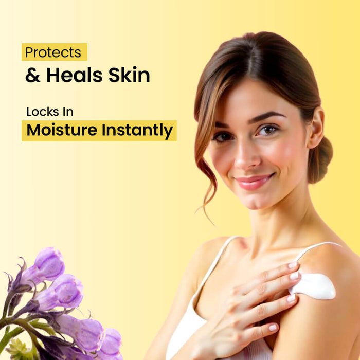 Woman applying cream to shoulder with text about skin protection and moisture lock on a yellow background