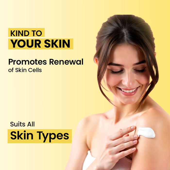 Woman applying cream to shoulder with text about skin care benefits on a yellow background
