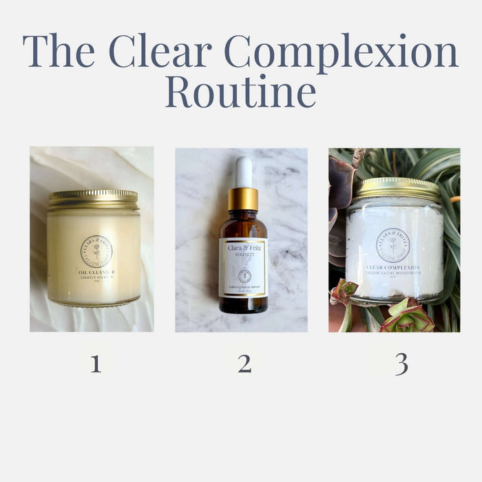 The Clear Complexion Routine products displayed including oil cleanser, serum, and moisturizer for clear skin routine.