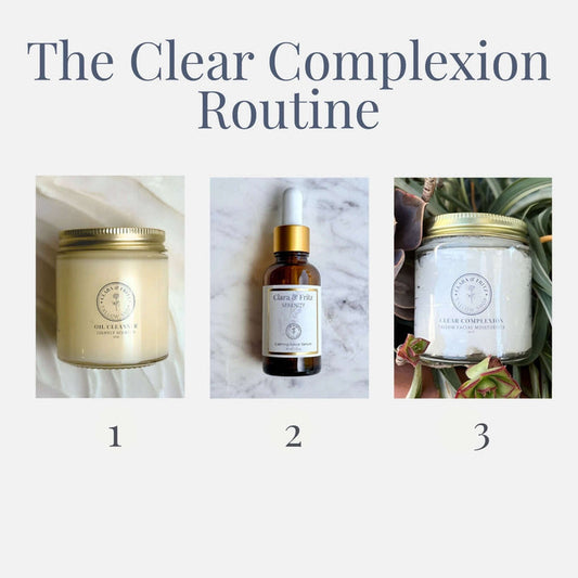 The Clear Complexion Routine products displayed including oil cleanser, serum, and moisturizer for clear skin routine.