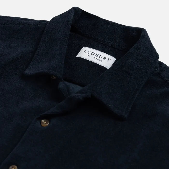 Camp collar detail on the Navy Clancy Terry Cloth shirt - Ledbury