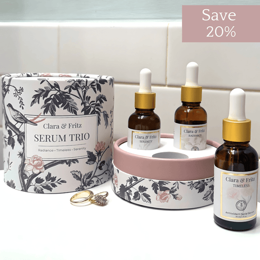 Serenity Clear Complexion Facial Serum in Clara & Fritz Serum Trio packaging, featuring a 20% discount offer.