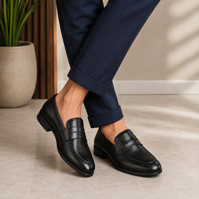 Tresmode Dos Black Men's Leather Penny Loafers