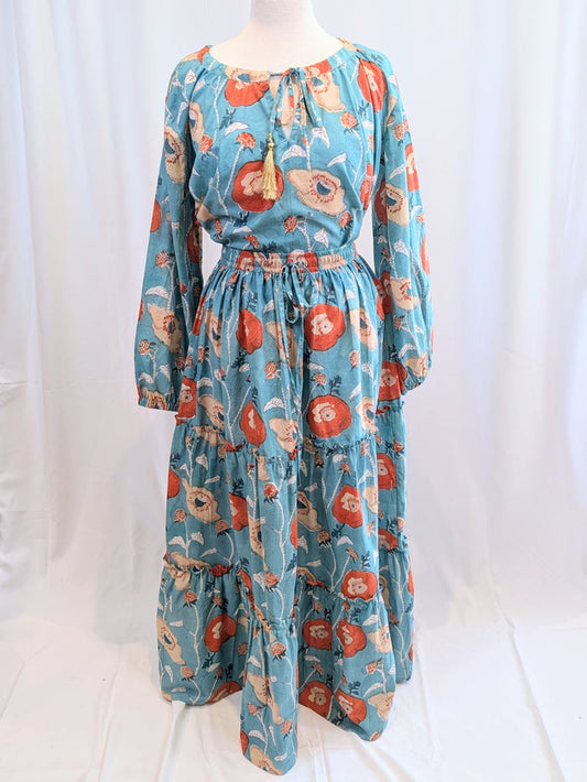 Twinflower Jane Aqua Orange Floral Maxi Skirt - Precious Sparkle