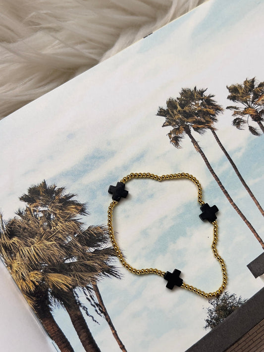 Venice Noir — Gold Bead & Cross Stretch Bracelet (Black)