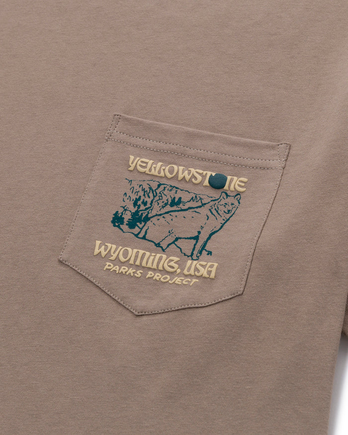 Shop Yellowstone Puff Print Pocket Tee Inspired by Yellowstone NP | mushroom-grey
