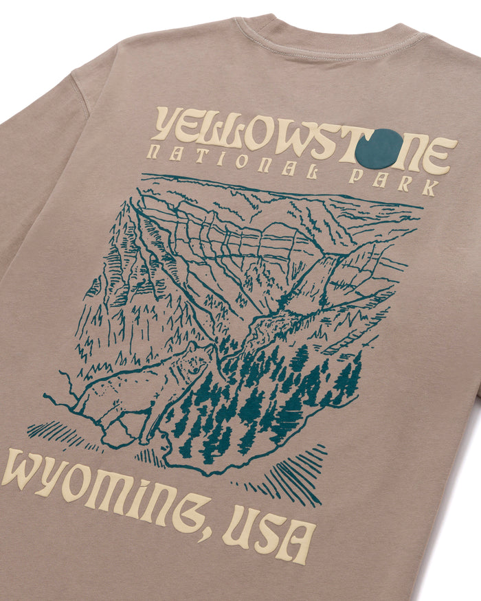 Shop Yellowstone Puff Print Pocket Tee Inspired by Yellowstone NP | mushroom-grey