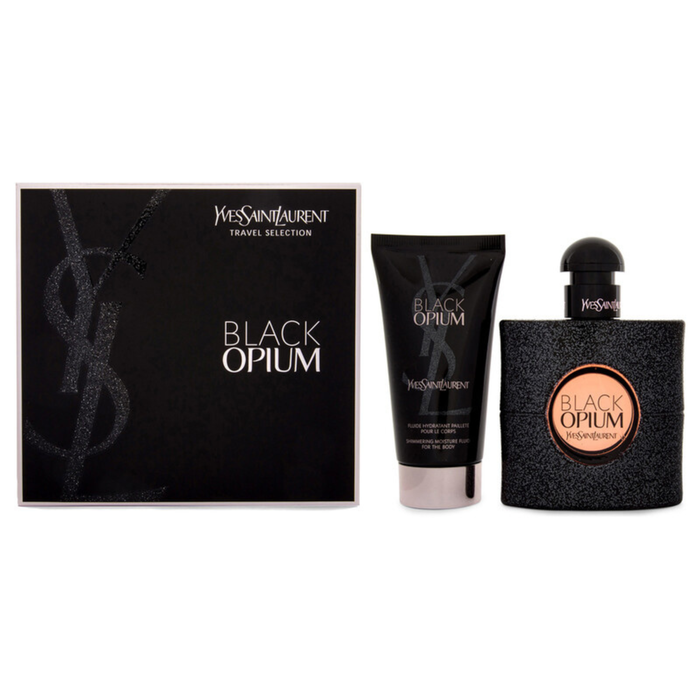 YSL Black Opium gift set on white background: black box, EDP bottle with rose gold label, and body lotion tube